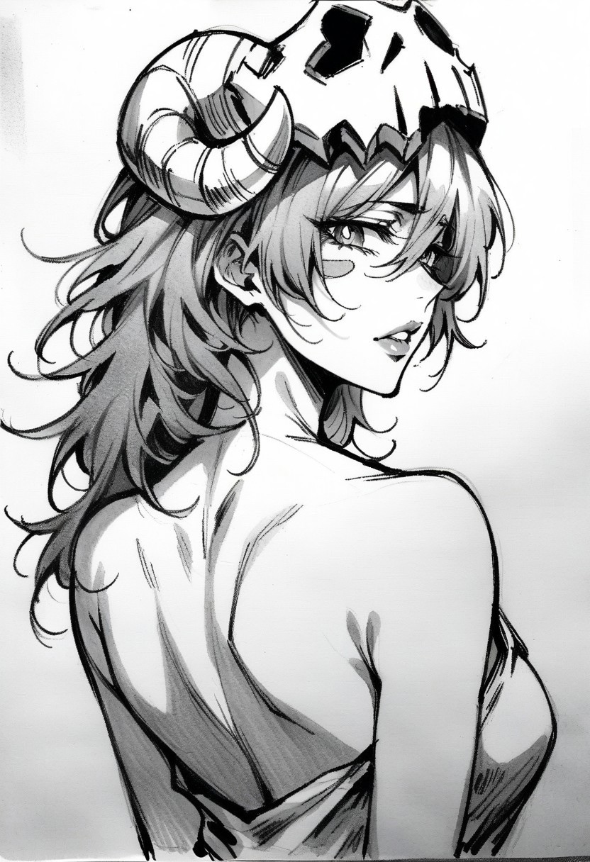 (masterpiece), (best quality), (ultra-detailed), 
1girl, solo,  gorgeous lips, an elegant face, 
light particle, particle, shadow, nelliel tu odelschwanck, bleach, detailed lips , black detailed pupils, from back, back,
simple background, background white sheet of paper, 
monochrome, greyscale, traditional media,  petting, drawn with pencil, sketch, detailed lines, 
sketch, manga page, manga style ,
pencil sketch style, soft shading, soft delicate features,