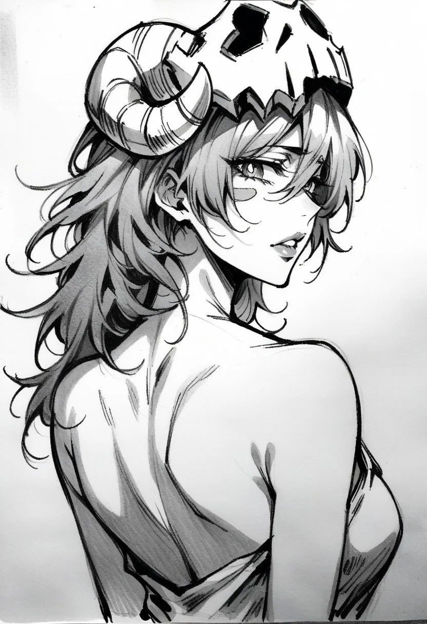 (masterpiece), (best quality), (ultra-detailed),
1girl, solo, gorgeous lips, an elegant face,
light particle, particle, shadow, nelliel tu odelschwanck, bleach, detailed lips , black detailed pupils, from back, back,
simple background, background white sheet of paper,
monochrome, greyscale, traditional media, petting, drawn with pencil, sketch, detailed lines,
sketch, manga page, manga style ,
pencil sketch style, soft shading, soft delicate features,