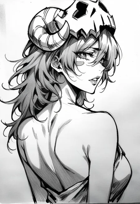 (masterpiece), (best quality), (ultra-detailed), 
1girl, solo,  gorgeous lips, an elegant face, 
light particle, particle, shadow, nelliel tu odelschwanck, bleach, detailed lips , black detailed pupils, from back, back,
simple background, background white sheet of paper, 
monochrome, greyscale, traditional media,  petting, drawn with pencil, sketch, detailed lines, 
sketch, manga page, manga style ,
pencil sketch style, soft shading, soft delicate features,