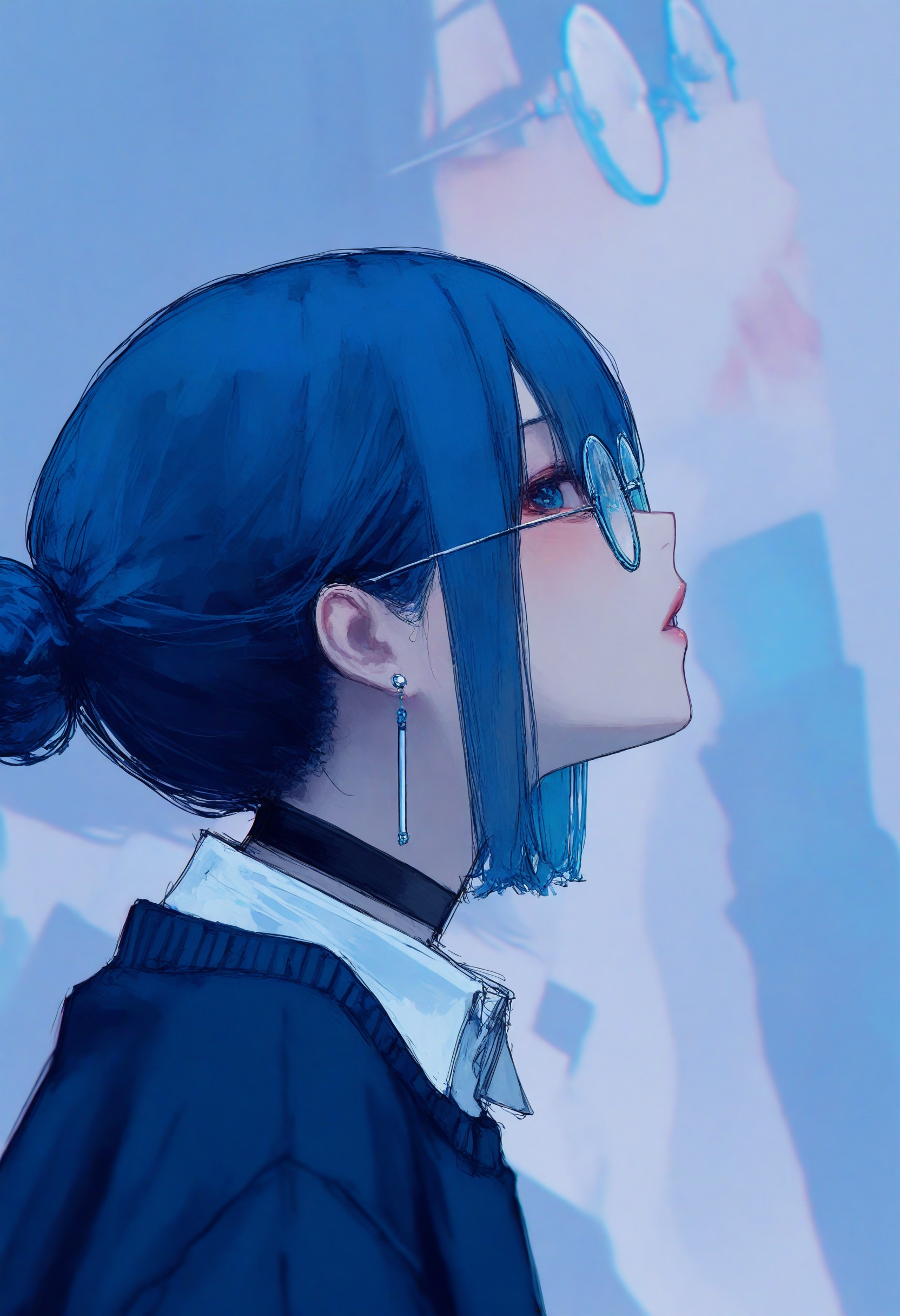 1girl, 
realistic, photo background, 748cm, solo, choker, parted lips, looking at viewer, round eyewear, glasses, blue theme, earrings, jewelry, blue eyes, short hair, hair bun, black choker, blue background, upper body, blue hair, shirt, sweater, from side, single hair bun, hair between eyes, sidelocks, profile, looking up, portrait, necklace, close-up, collared shirt, blue sweater, lips, white shirt, nose, reflection,
a digital artwork by the artist yoon cook, known for their detailed and expressive style. It features a young woman with striking blue hair tied in a bun, wearing glasses that reflect a soft light. She is dressed in a dark outfit with a black choker around her neck. The overall composition is characterized by its high resolution and intricate details, capturing the essence of the character's contemplative mood.
masterpiece, best quality
 <lora:748cm-NoobEPS100-lokr-v03-000080:1>