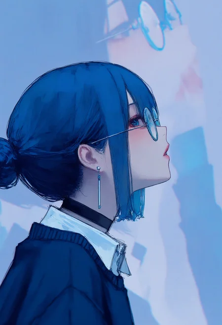 1girl,
realistic, photo background, 748cm, solo, choker, parted lips, looking at viewer, round eyewear, glasses, blue theme, earrings, jewelry, blue eyes, short hair, hair bun, black choker, blue background, upper body, blue hair, shirt, sweater, from side, single hair bun, hair between eyes, sidelocks, profile, looking up, portrait, necklace, close-up, collared shirt, blue sweater, lips, white shirt, nose, reflection,
a digital artwork by the artist yoon cook, known for their detailed and expressive style. It features a young woman with striking blue hair tied in a bun, wearing glasses that reflect a soft light. She is dressed in a dark outfit with a black choker around her neck. The overall composition is characterized by its high resolution and intricate details, capturing the essence of the character's contemplative mood.
masterpiece, best quality
<lora:748cm-NoobEPS100-lokr-v03-000080:1>