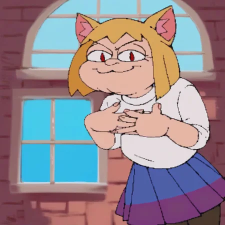 score_9, score_8_up, score_7_up, score_6_up, score_5_up, score_4_up, source_anime, 2D, flat shading, flat color, 1girl, solo, necoarc, smile, indoors, closed mouth, blonde hair, red eyes, slit pupils, cleft chin, cat ears, upper body, (own hands together:1.2), turtleneck, blue skirt, pleated skirt, pantyhose, turtleneck, purple skirt, pantyhose, smug face, looking at viewer, fat, window, hands up, morshu