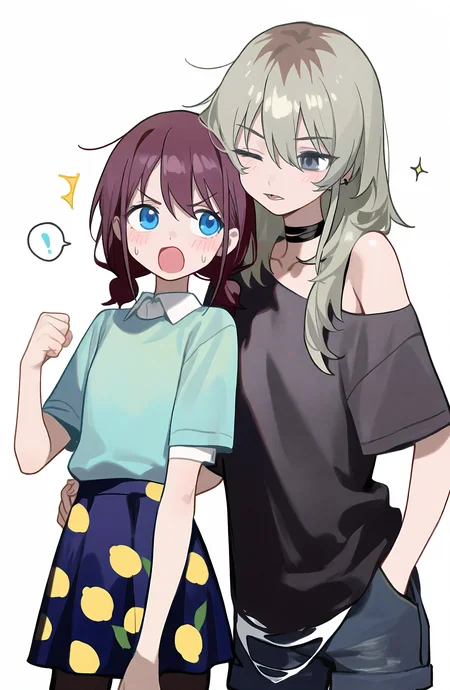 long_hair, blush, open_mouth, blue_eyes, simple_background, shirt, skirt, multiple_girls, brown_hair, white_background, 2girls, twintails, grey_hair, short_sleeves, pantyhose, one_eye_closed, shorts, collared_shirt, choker, off_shoulder, black_shirt, blue_skirt, grey_eyes, black_choker, low_twintails, clenched_hand, !, hand_in_pocket, spoken_exclamation_mark