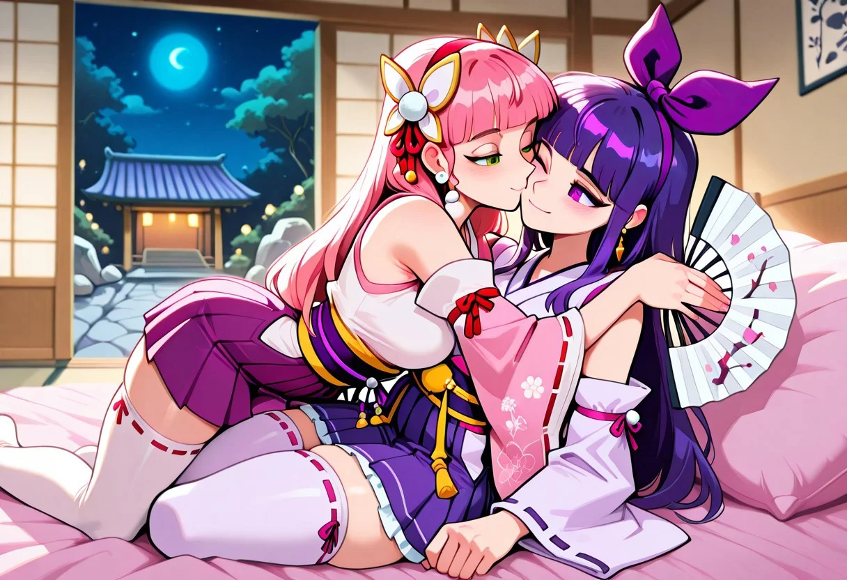 best quality, absurdres, anime screenshot, aijalon, atomickingboo style,
east asian architecture, indoors, futon, garden, rock garden, night,
2girls, multiple girls, yuri, kiss, hug, dutch angle,dynamic pose,
sakuno_hime,pink hair,long hair,blunt bangs,green eyes,hair bow,japanese clothes,(hakama:1.1),purple kimono,pink kimono,wide sleeves,pom pom (clothes),long sleeves,hair ornament,bow, blush,
ayanokouji_kanna,purple hair,long hair,blunt bangs,hairband,bow,purple eyes,thighhighs,japanese clothes,skirt,obi,ribbon trim,detached sleeves,ribbon-trimmed legwear,earrings,kimono,sash,white kimono,wide sleeves,pleated skirt,ribbon-trimmed sleeves, hand fan,holding fan, one eye closed, smile,