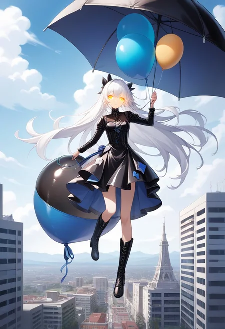 (masterpiece), (score_9, score_8_up, score_7_up,source_anime), best quality, ultra-detailed,24K, illustration, (Uncorrected), CG, 
Latex, girl, umbrella,
Multiple balloons, huge balloon, heart-shaped ballon. 
(Girl holding string of balloons, floating, white hair, ultra-long hair, glowing eyes, amber eyes, ultra-detailed eyes:1.2), Chevalier dress, jacket, puntyhose, leather boots, 
in Rooftop of Skyscraper, modern city, Skyscraper,