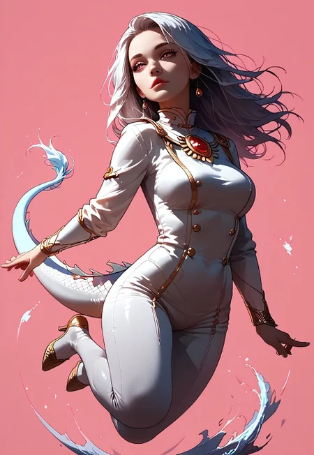 score_9, score_8_up, score_7_up, dynamic angle, ultraHD, ultrarealistic, pink background, BREAK
a girl, dragongoddess, white tail, jumping, fully clothed, BREAK