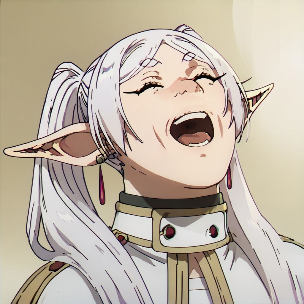 score_9, score_8_up, score_7_up masterpiece, best quality, newest, absurdres, highres, JJJlaughV1.1 laugh, head leaning back, open mouth, closed eyes, head leaned back, leaned back, 1girl, sfrieren, elf, white hair, twintails, 
