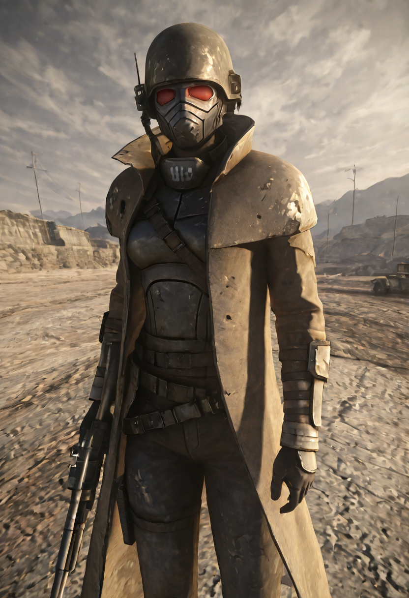 RangerArmorStyle, helmet, mask, fallout-style, veteran ranger armor, post-apocalyptic, trench coat, coat, military aesthetic, solo, wasteland background, 1person, ncr faction,  <lora:FNV_Ranger_Armor-000012:1>, medium breasts, 1girl, weapon