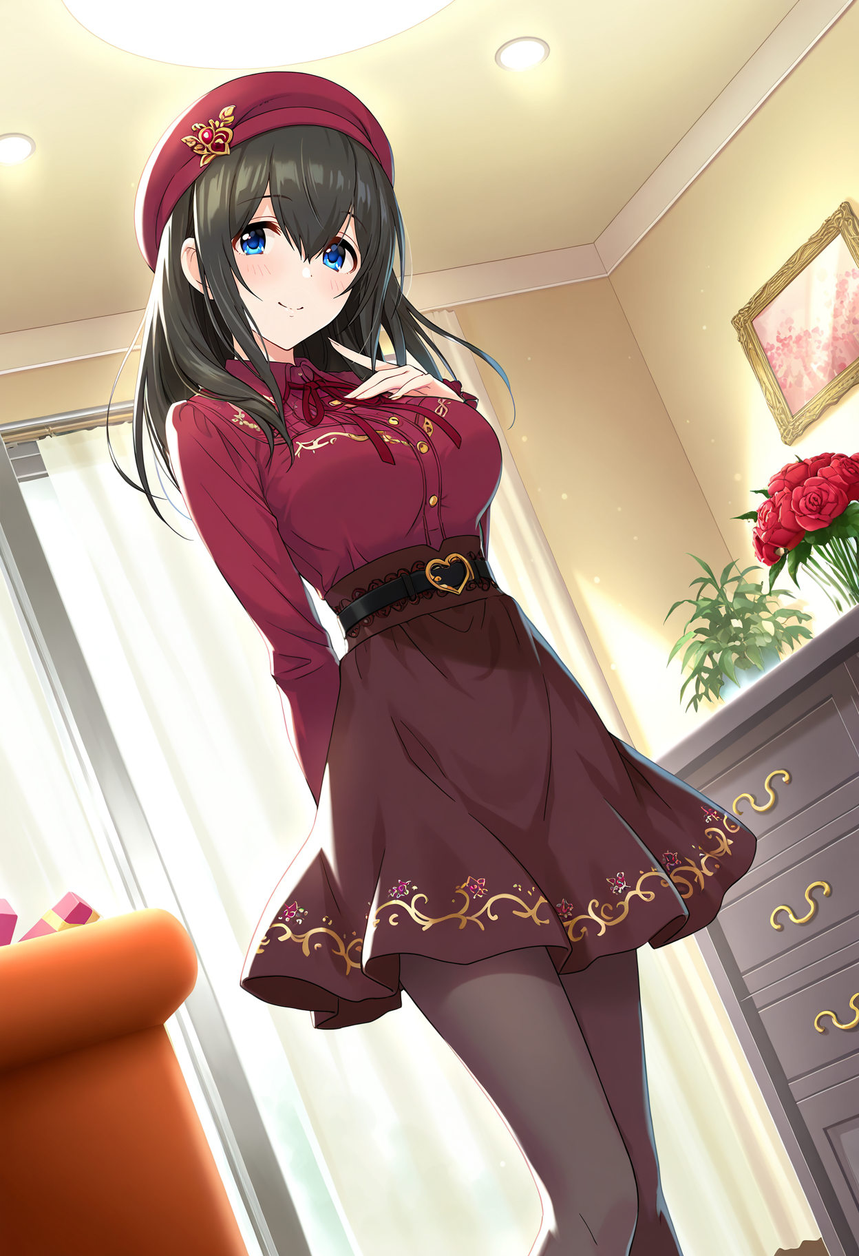 masterpiece, best quality, absurdres, highres,
idolmaster cinderella girls starlight stage, official art,
valentine,
sagisawa fumika, blue eyes, black hair, long hair, large breasts,
1girl, solo, blush, smile,
<lora:erisu barenntainn IL v1:0.6>,
red beret, hat ornament,
neck ribbon,
red collared shirt, long sleeves,
black belt,
brown skirt,
black pantyhose,
gold trim,
indoors, red flower,
dutch angle,