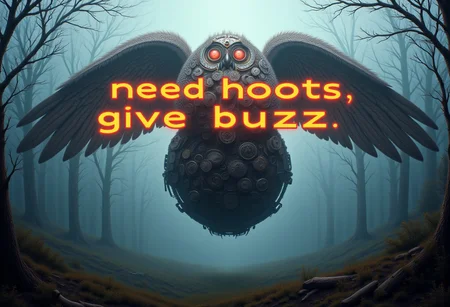 a massive mechanical owl with intricate gears and glowing eyes, perched on an old, twisted tree in a foggy forest, with steam rising softly from its metal wings, the steam spells in large block letters text:"need hoots, give buzz" illustration in the style of CTILLUST, aidmatextimprover