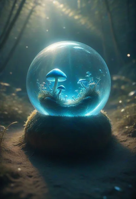 photographyGlass ball, inside a dimly lit cavern, magical light blue mushroom, everything contained in a glass sphere, crystal statue of mushrooms inside the glass ball, night, glowing, sea background,
(quantum waveform:0.7)