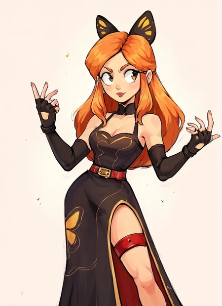 score_9, score_8_up, score_7_up, 1 girl , bpiper , orange hair, long hair, butterfly hair ornament, cleavage , black sleeveless dress,long dress, pelvic curtain, red thigh strap, belt , black elbow gloves, fingerless gloves <lora:bpiper-000004:1> <lora:Aer0Zer0_Artist_Style:1>