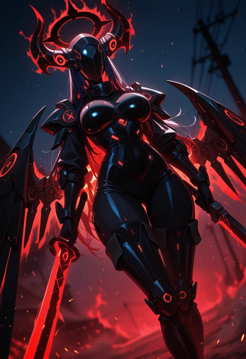 (masterpiece, best quality:1.2), amazing quality, very aesthetic, 32k, absurdres, newest, scenery,  
1girl, solo, naughty face, mature female, dark blue hair, holding weapon, ootachi, aiming_at_viewer, pointing melee weapon, pointing sword, black mechanical wings, glowing black halo, black bodysuit, black_hole, utility pole, thigh boots, full armor, helmet, (covered eyes:1.1), (dark_aura:1.3), red energy, energy wings, energy halo, glowing flame, glowing energy, windy, huge horns, fiery horns, glowing horns, outdoors, architecture, night, dust, embers, (glowing light particles:1.2), (Backlighting, blurry background:1.2), depth of field, red theme, naughty face, mature female,
,dutch angle, dark background, (night:0.8), blurry background, glowing light particles, depth of field <lora:PHM_style_IL_v3.3:1.0>