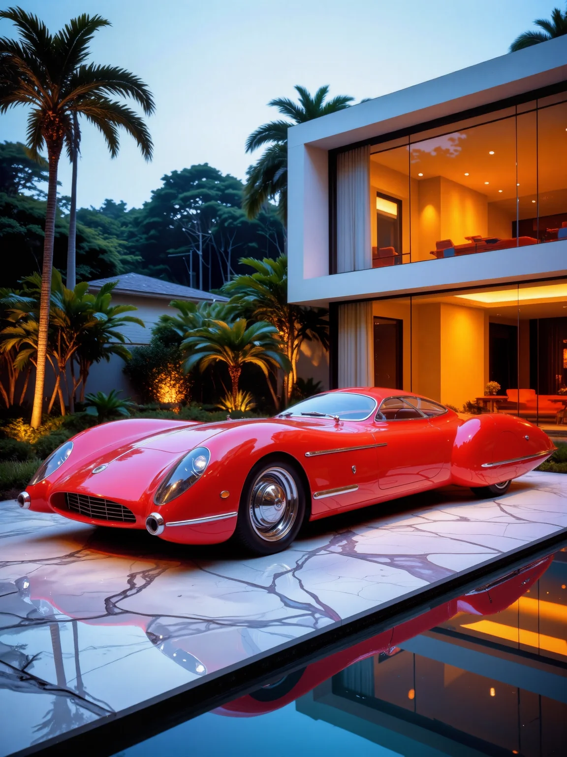 hyper-realistic, photo-realistic, 8k, 4k, science fiction, perfect reflections, cinematic, a vibrant, highly detailed, high-resolution photograph capturing a striking, futuristic sports car, prominently displayed in the foreground. the car is a bright, glossy red with sleek, aerodynamic lines and a distinctive, low-slung design reminiscent of 1970s sports cars. it features a long, curved hood and a rounded, bubble-like roof, emphasizing its futuristic aesthetic. the car's chrome details and polished finish reflect the ambient light, adding to its eye-catching appearance. the setting is a modern, luxurious villa with a contemporary architectural style. the house is characterized by its large glass windows, and white exterior. the upper floor has a glass balcony that extends around the house, providing a view of the interior, which is warmly lit with a mix of orange and yellow hues. the background includes lush greenery, with tall palm trees and other tropical plants, contributing to a sense of opulence and exclusivity. the lighting in the image is a blend of natural and artificial sources, creating a serene and inviting atmosphere. the sky is dusk, with a gradient of soft blue transitioning to darker shades, enhancing the overall calmness and atmosphere of the scene. the camera angle is slightly low, capturing the car from a front-left perspective, emphasizing its length and elegance. the foreground features a smooth, reflective white marble stone pathway, adding to the luxurious ambience. the composition follows the rule of thirds, with the car prominently placed in the lower third of the frame, <lora:futucars-flux-by_ciro_negrogni:0.96>