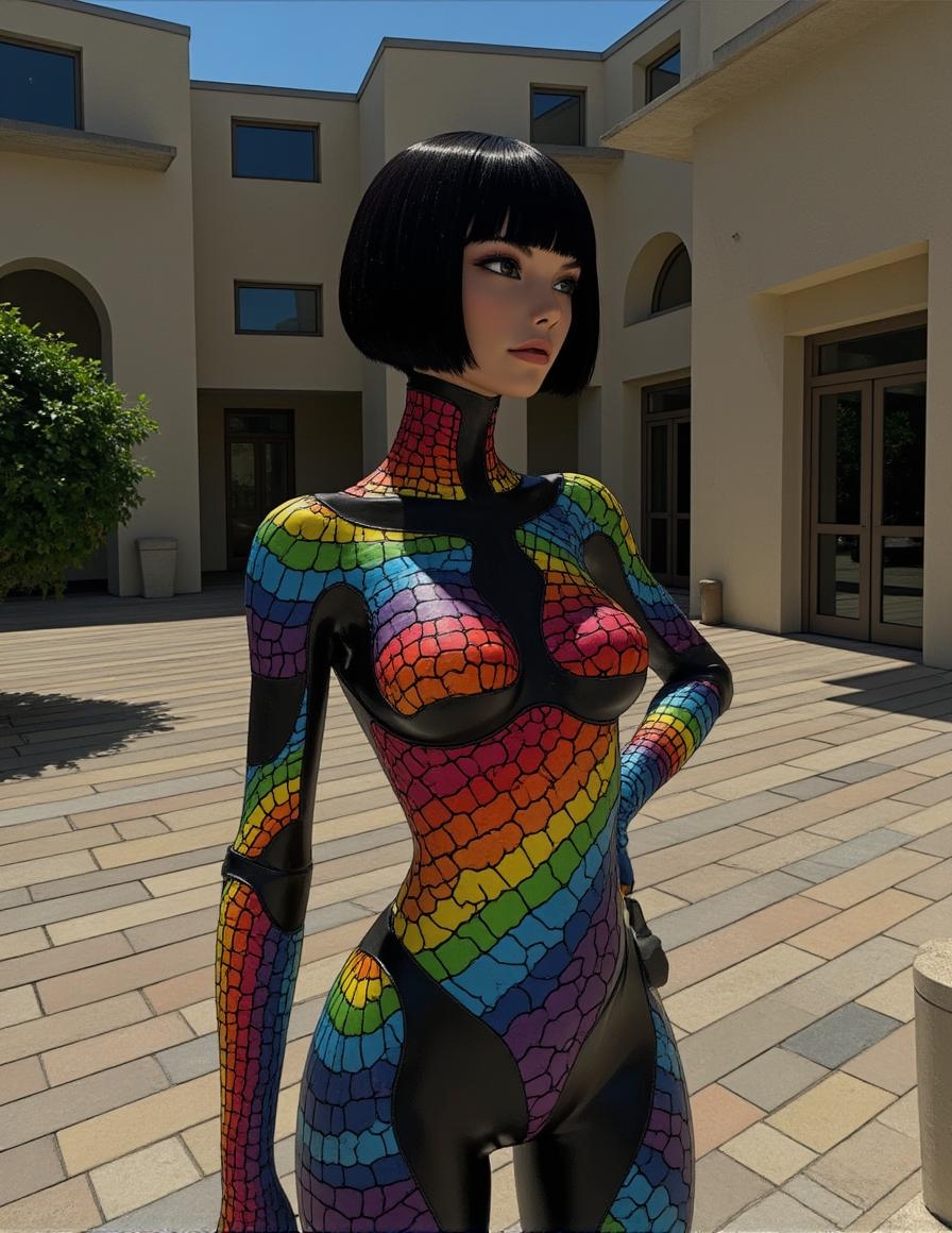<lora:vintage-activision-flux1-dev-v1-000082.safetensors:1> with a colorful trail tie-dye with vibrant colors crackles with intensity, while black provide a dark contrast. The overall aesthetic is one of calculated reckoning,Dark elf in glowing, metallic armor stands in sunlit stone courtyard. Smooth skin, black bob-cut hair, slender figure with emphasis on breasts. Unsettling juxtaposition of technology and surreal.