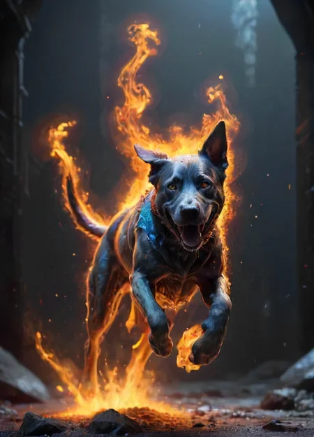 depiction of a dog made out of cold nitrogen jumping trough hot glowing iron, intricate, detailed, <lora:- SDXL - frzrenit_red_hot_nitro_V2.0:.8>