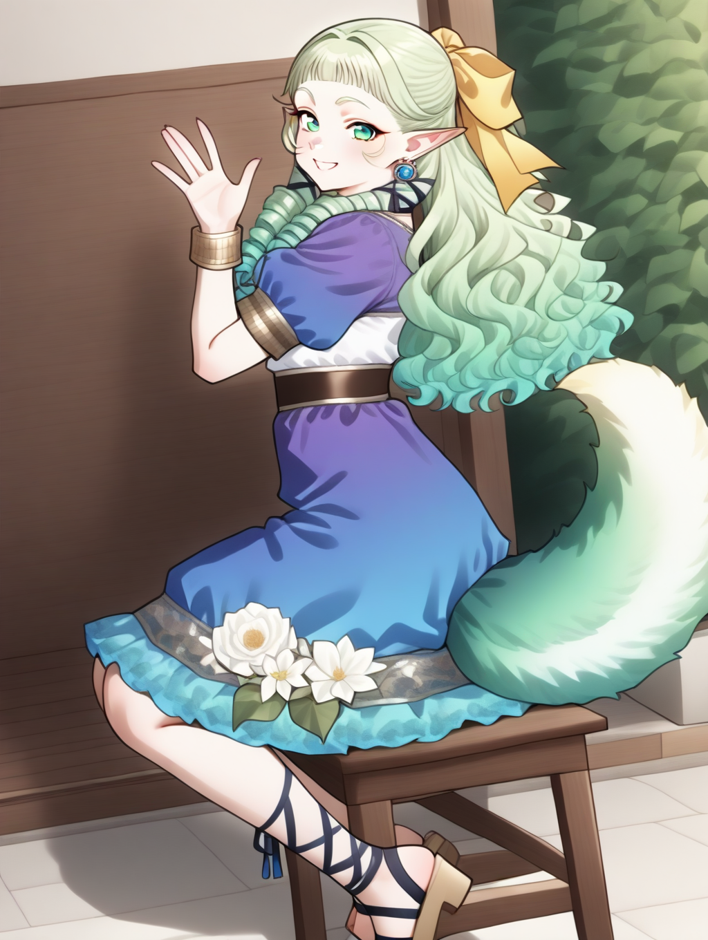 perfect quality,best quality,absolutely eye-catching,ambient occlusion,raytracing BREAK
1girl,<lora:SO4pafy IL v1.2:1>,SO4pafiy,green eyes,green hair,wavy hair,drill sideburns,hair ribbon,pointy ears,earrings,bracelet,green gradient dog tail,white flower on skirt,sandals,black cross-laced legwear,blue puffy short sleeves,ankle lace-up,lace trim,single flower,blue dress,smile,blouse,, from_outside,cowboy_shot,arched_back,hands_clasped,waving,sitting_backwards,
