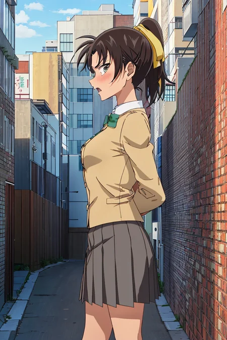 kazuhatv,1girl,solo,short hair,hair ribbon,ponytail,small breasts,school uniform, pleated skirt, against wall, angry, nose blush, from below, sky, street,arms behind back, from side, looking at viewer, speaking,cityscape,
<lora:kazuhatv:0.8>