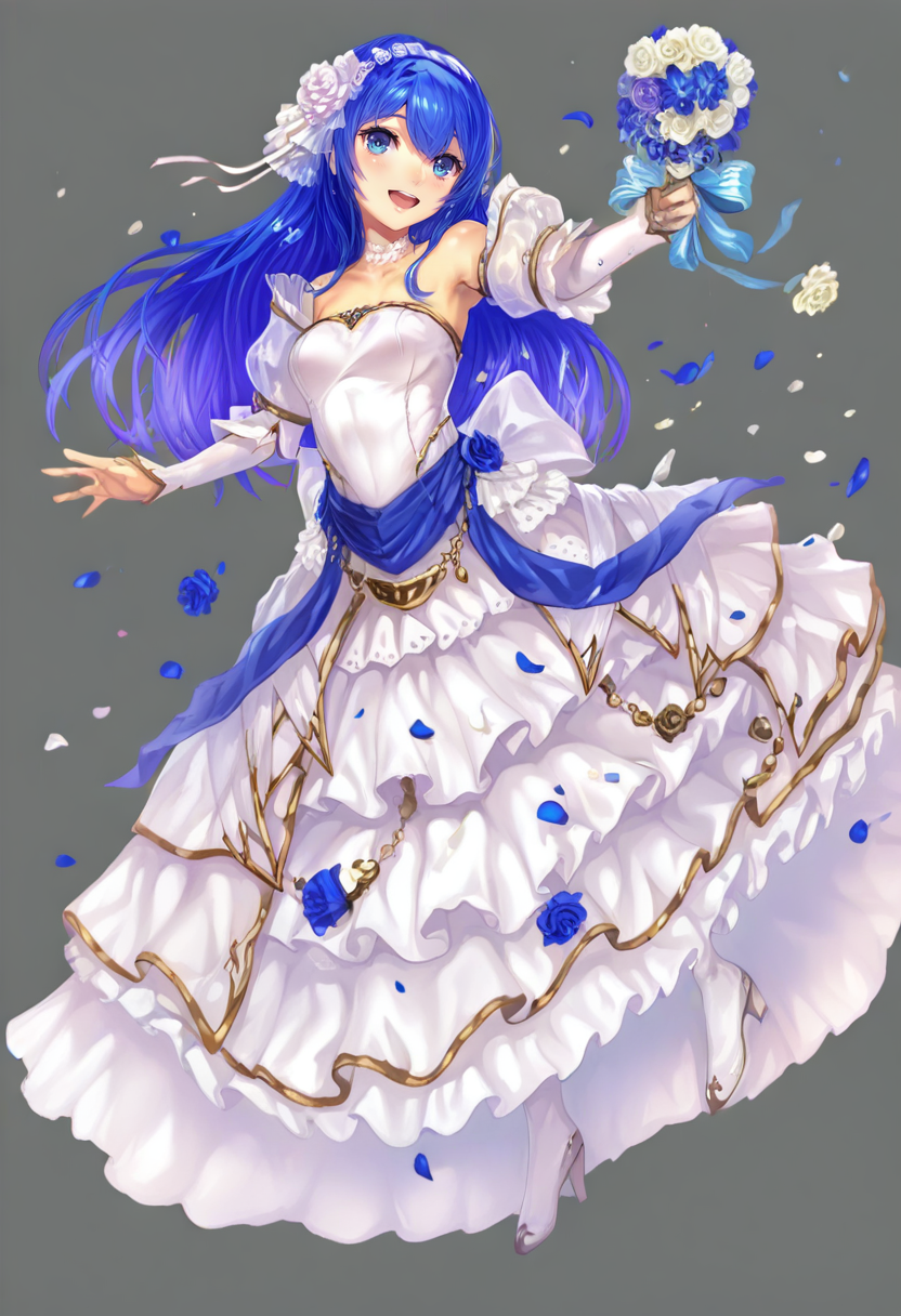 1girl, dress, wedding dress, blue hair, long hair, flower, blue eyes, solo, hair ornament, open mouth, hair flower, bride, bouquet, high heels, strapless, breasts, smile, white dress, simple background, full body, strapless dress, grey background, bare shoulders, blue flower, official alternate costume, looking at viewer <lora:yoshikuXL_NBVP1_lokr_V6311P:0.95>