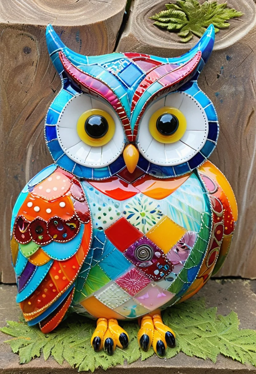 (fused glass:1.1) patchwork owl sculpture, stitched together with vibrant flair, cozy,
novuschroma54 style,
best quality, masterpiece, cozy library background