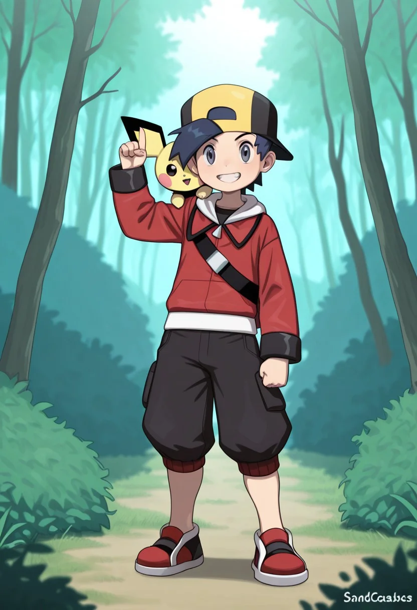 masterpiece, best quality, amazing quality, very aesthetic, high resolution, ultra-detailed, absurdres, newest,
ethan, black hair, grey eyes, black with yellow baseball cap, backwards cap, red hoodie, black shirt, black capri pants, red with white shoes, 1boy, male focus, smile, solo, teeth, grin, bag, looking at viewer, backpack, bangs, index finger raised, nature, outdoors, pichu, pokemon (creature), pokemon on shoulder
BREAK volumetric lighting, detailed background, depth of field, scenery, by sandcasks, standing,straight-on,
