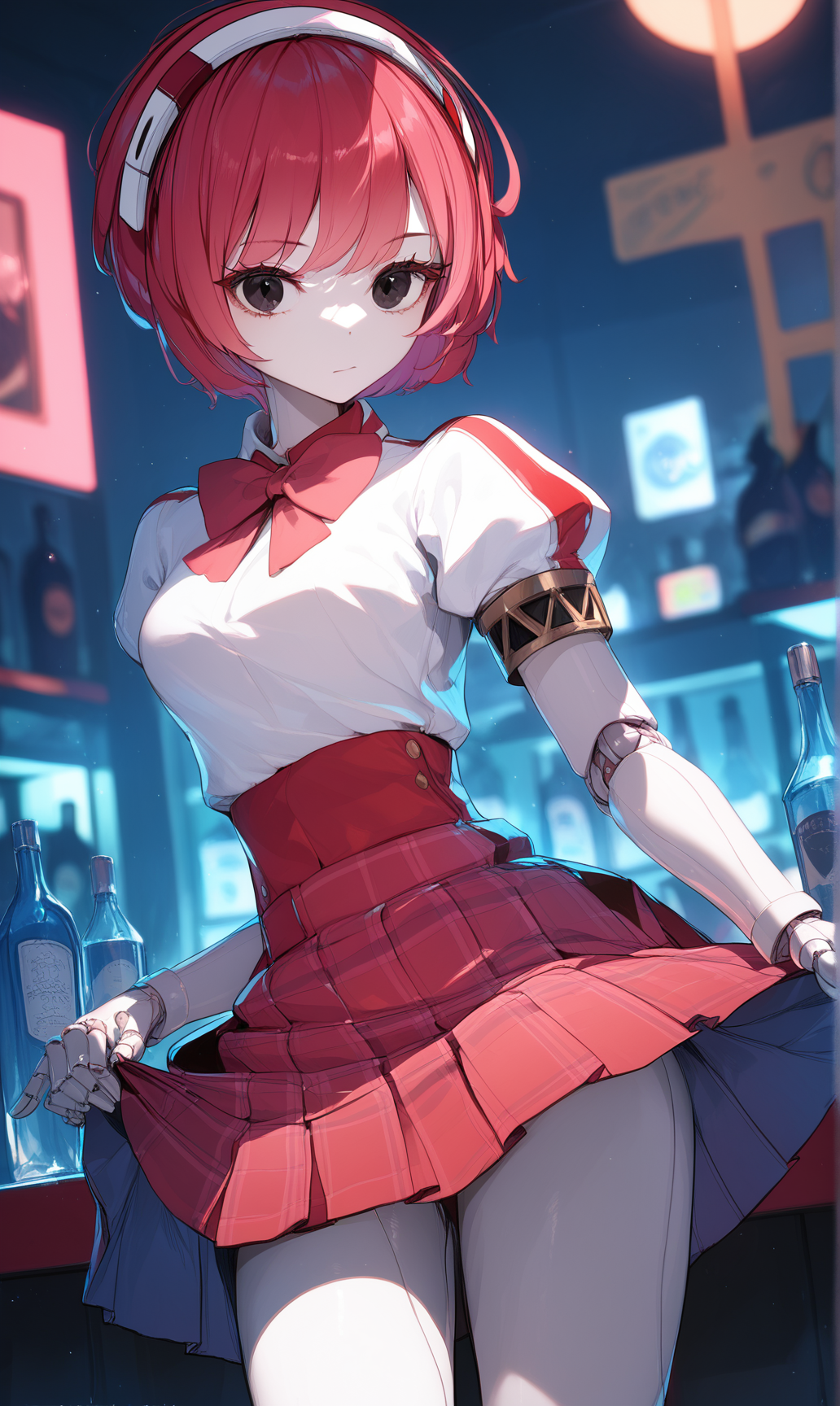 (score_9,score_8_up,score_7_up,score_6_up,score_5_up),1girl, joints, skirt, solo, robot joints, short hair, android, bow, skirt lift, hairband, lifted by self, puffy sleeves, looking at viewer, short sleeves, standing, bowtie, red skirt, shirt, puffy short sleeves, red hair, black eyes, closed mouth, white shirt, breasts, pleated skirt, pink hair, plaid, medium breasts, plaid skirt, bar \(place\), night, dorothy haze, <lora:VA-11 Hall-A-xl:1>