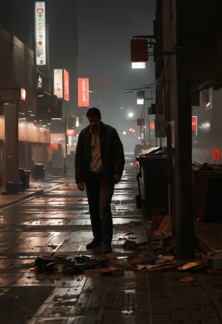 pile of garbage, street, modern city at night, drunk man vomiting, streetlight reflections, puddles of filth <lora:sd_xl_offset_example-lora_1.0:0.4> <lora:Projext_X2:-1.0> <lora:Night_in_Tokyo_by_Styx:0.75>
