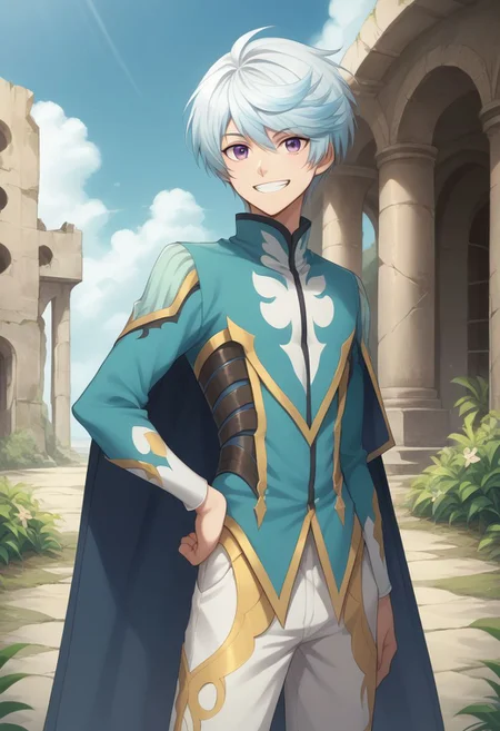 score_9, score_8_up, source_anime, highly detailed, 1boy, solo, male_focus, slender, skinny,
mikleo, 1boy, male focus, solo, purple eyes, smile, cape,grin, happy, hand on hip, light blue hair, looking at viewer,
outdoor, ruins,