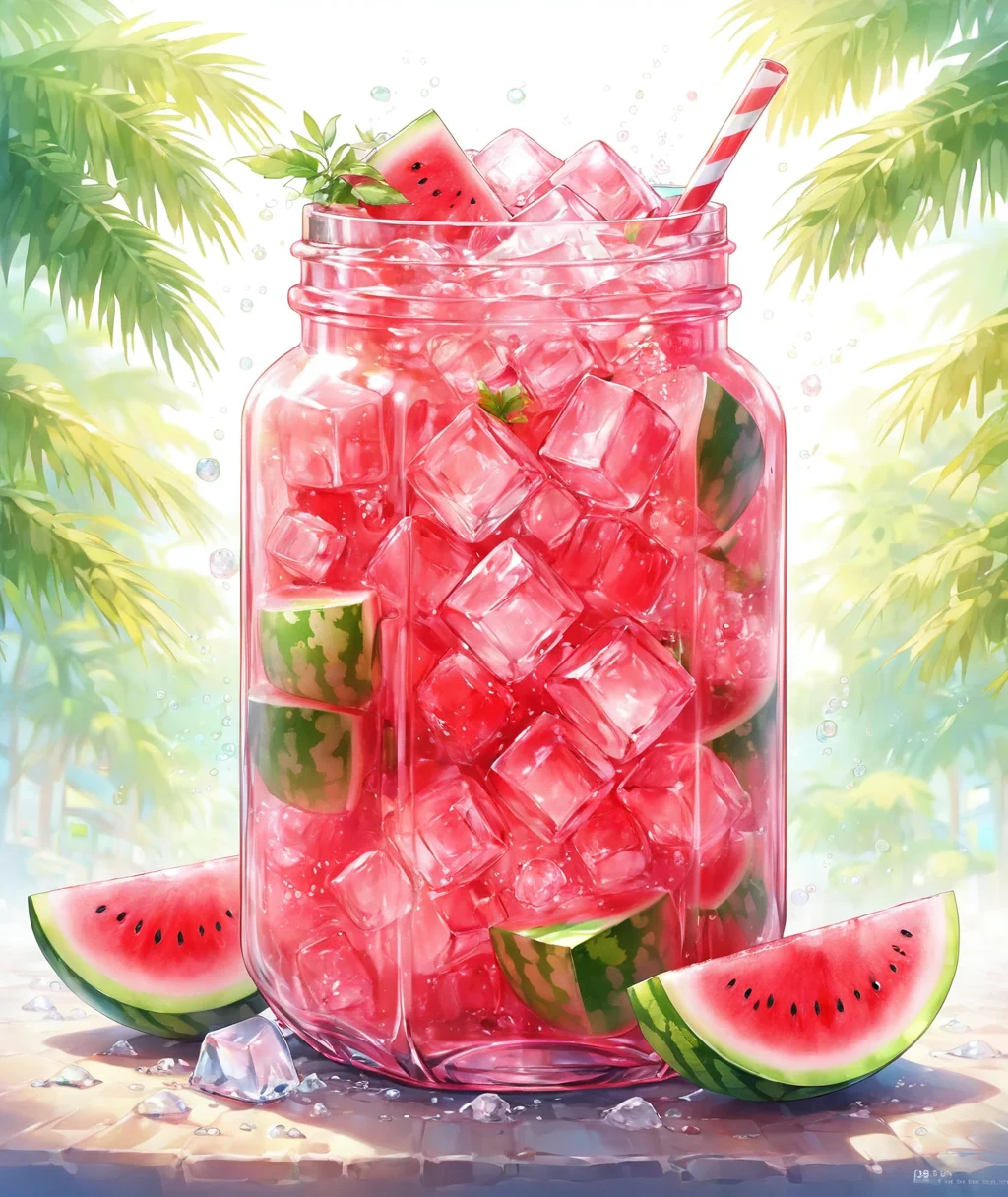 masterpiece,1jar,ice cube,watermelon,drink,hotpink bubble water,restaurant background,Summer_drinking_style,<lora:Summer_drinking_style-model:1>,