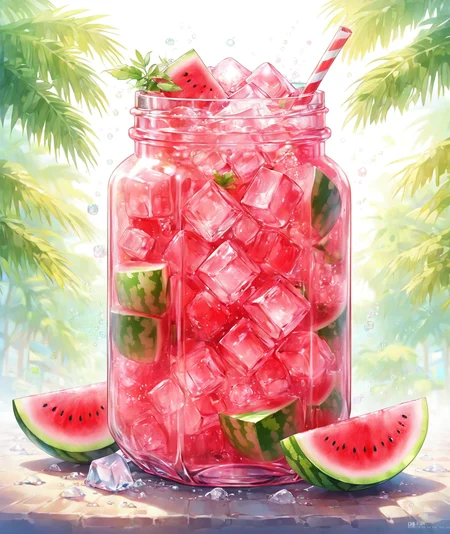 masterpiece,1jar,ice cube,watermelon,drink,hotpink bubble water,restaurant background,Summer_drinking_style,<lora:Summer_drinking_style-model:1>,