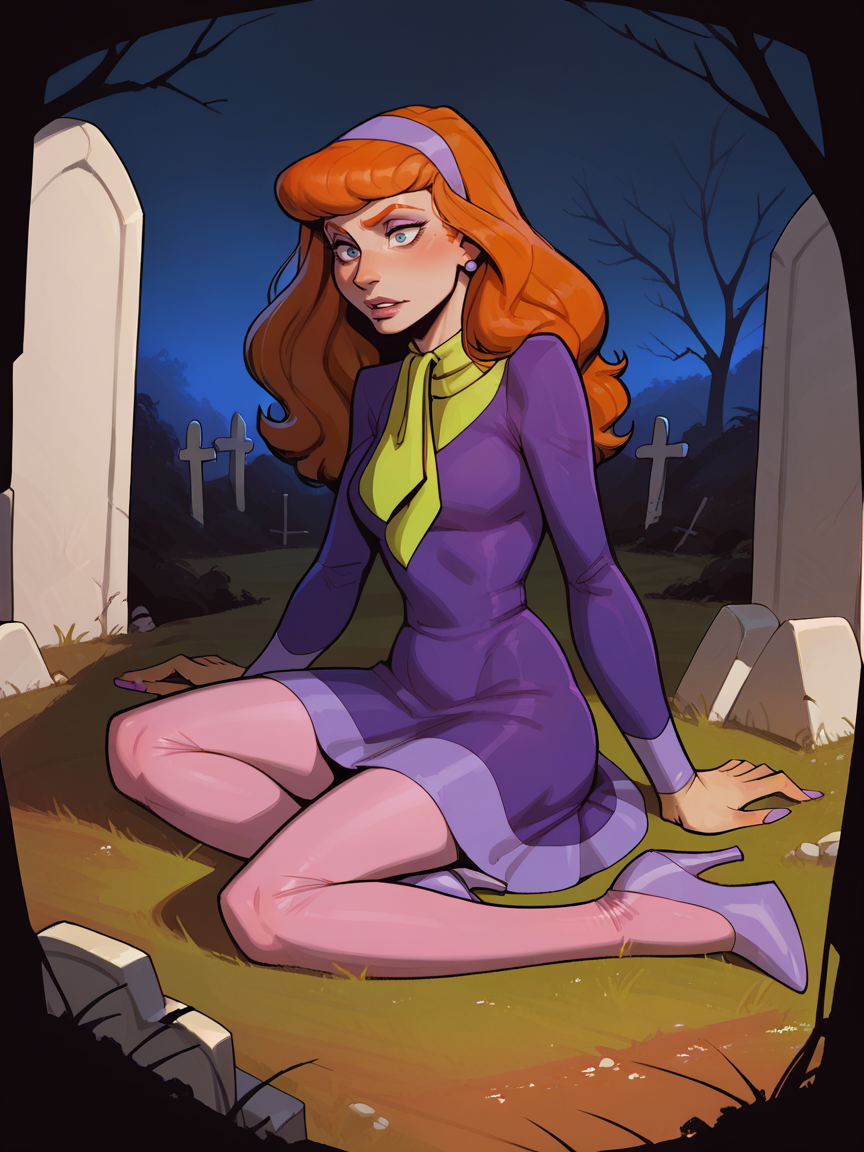 score_9, score_8_up, score_7_up, score_6_up, score_5_up,  <lora:DaphneBlakeXLP:0.6> daphne blake, 1girl, solo, hairband, long hair, pantyhose, orange hair, dress, high heels, graveyard, night,   <lora:1nc4s3XLP:1> 1nc4s3