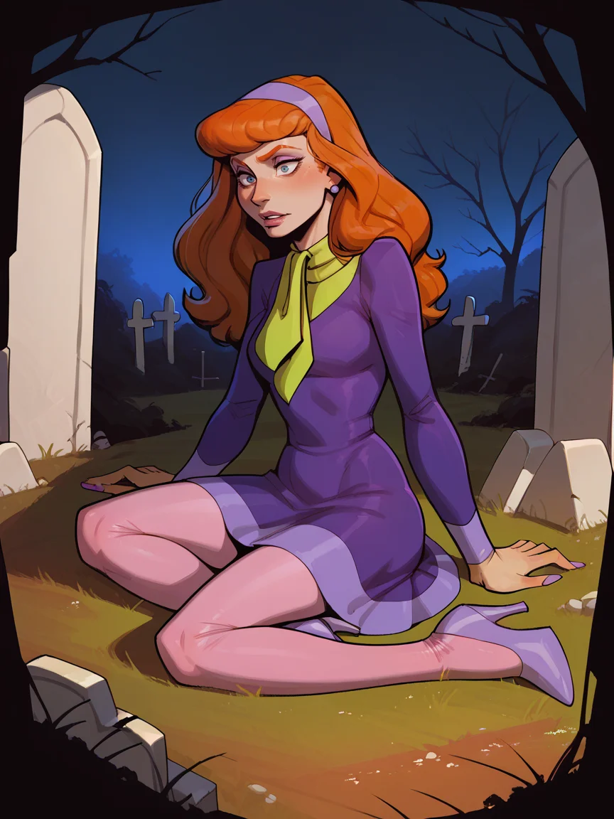 score_9, score_8_up, score_7_up, score_6_up, score_5_up, <lora:DaphneBlakeXLP:0.6> daphne blake, 1girl, solo, hairband, long hair, pantyhose, orange hair, dress, high heels, graveyard, night, <lora:1nc4s3XLP:1> 1nc4s3