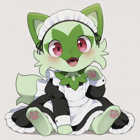 1girl,furry female,feral,pokemon \(creature\),sprigatito,cub,cat girl,tail,red eyes,green fur,two-tone fur,animal nose,body fur,animal hands,animal feet,3 fingers,3 toes,
(dagasistyle:0.9),(rememx:0.7),solo,animal focus,(simple background:1.1),white background,(straight-on:0.8),(full body:1.1),
sitting,hand up,pawpads,
open mouth,fangs,smile,looking at viewer,
clothed pokemon,(maid:1.1),black dress,long dress,maid headdress,huge bow,
juliet sleeves,long sleeves,frilled dress,frills,
masterpiece,best quality,highres,absurdres,newest,very awa,uncensored,