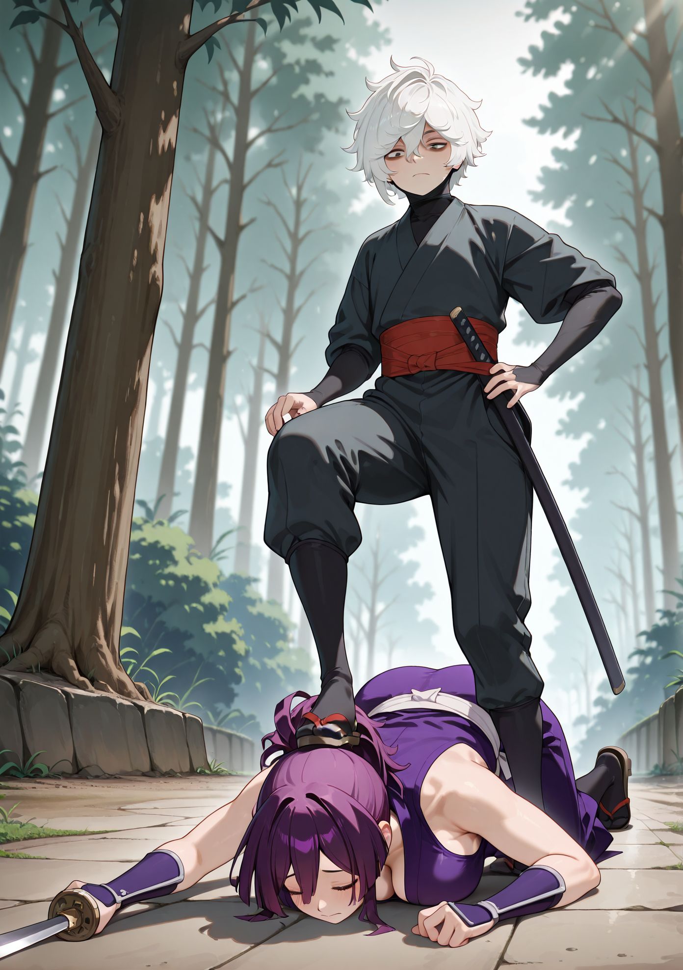 masterpiece,best quality,amazing quality,very aesthetic,absurdres,newest, huge filesize,
<lora:spo_sdxl_10ep_4k-data_lora_webui:0.5>, girl hand on male breasts, 
<lora:add-detail-xl:1>
japan house,outdoors, 
forest,  depth of field, sunlight, 
 1girl, 1boy, femdom,zouri, stepping on head, kneeling, step on head, facing floor, 
<lora:Steping_on_Head__IL__Owned___BDSM-000009:0.3>
BREAK
1boy, femdom,zouri, stepping on head, kneeling, step on head, facing floor, 
 male focus, 
<lora:jigokuraku_V1:1>j_V1,
white hair, expressionless,  mouth mask,
bags under eyes,
hair between eyes,
sanpaku,messy hair,ninja,
j_gabimaru,
BREAK
 1girl, femdom,zouri, stepping on head, kneeling, step on head, facing floor, 
breasts,
short katana,
ponytail,
closed eyes, sad,
purple hair,
japanese clothes,large breasts,
ninja,
bare shoulders,bangs,
sheath,j_yuzuriha,