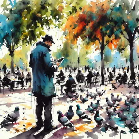 inksketch, a man feeding pigeons, city park, colorful