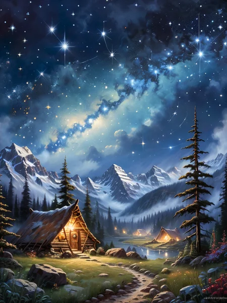 <lora:SS02ImpressionisticPainting_Hap_XL:1>,Thomas Kinkade style, The veitchii constellation paleo-(ChÅsokabe), close up, paleolithic masterpiece,