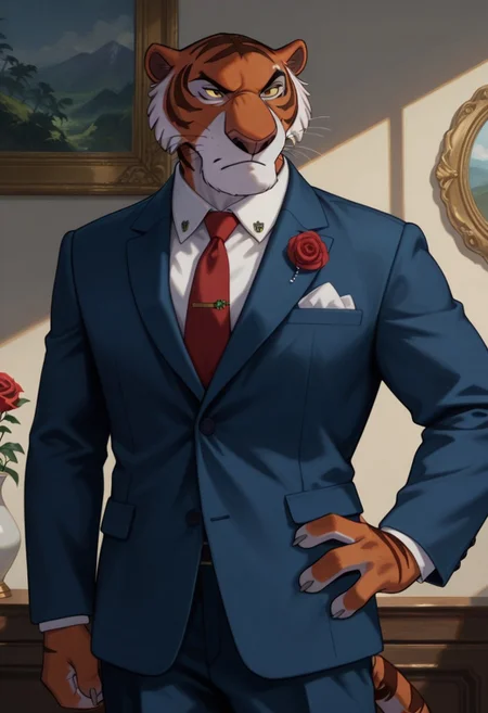 score_9, score_8_up, score_7_up, furry male, anthro, solo, (shere khan:1.2), tiger, yellow sclera, colored sclera, brown eyes, half-closed eyes, closed mouth, frown, chin tuft, cheek tuft, finger claws, striped tail, muscular, tall, navy blue suit, light blue dress shirt, red necktie, tie pin, rose lapel pin, button \(fastener\),
hand on hip, standing, plantigrade, bust portrait, portrait, painterly, detailed face,
inside, painted background, shadow, perfect lighting,
masterpiece, detailed shading, hyperrealistic, realistic, intricate details, absurdres, 4k,
IllustriousQual, Stable_Yogis_Illustrious_Positives