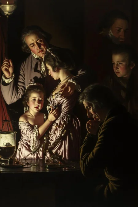 josephwright1 painting.
A dramatic 18th-century candlelit scene depicts a distressed family gathered around a table. A middle-aged man in elegant period clothing comforts a scared young girl, who is covering her face with her hand, while a young child looks up in fear. An elderly man, shown in side profile, sits in deep thought, his face illuminated by the warm glow of the light. A glass container with liquid inside sits on the table.
In the background on the right, a boy turns his head, looking back.
<lora:josephwright1_cap_d6a3e12:1.0><lora:849109166688594776:0>