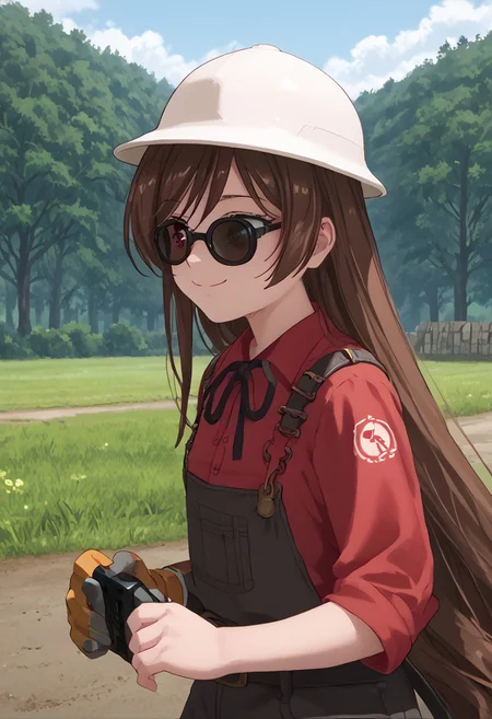score_9, score_8_up, score_7_up, score_6_up, high resolution, gorgeous, absurdres, best quality, anime screencap, source_anime, Expressiveh, 1girl, outdoors, daytime, suiseiseki, def, hardhat, sunglasses, single glove, redengie, red shirt, overalls, solo, brown hair, twin drills, heterochromia, smile