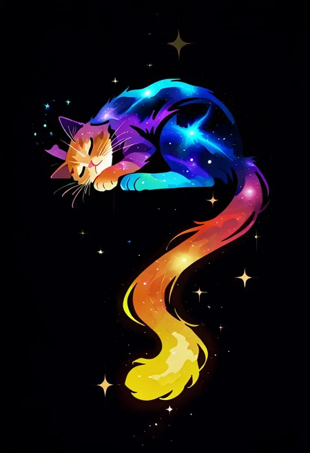 masterpiece, best quality, simple illustration, 1cat, sleeping, silhouette, full body, solo, dark background, sparkles, vivid colors, no_outlines,no lineart, t4kar4i_illu, inner_galaxy, galaxy on silhouette,
