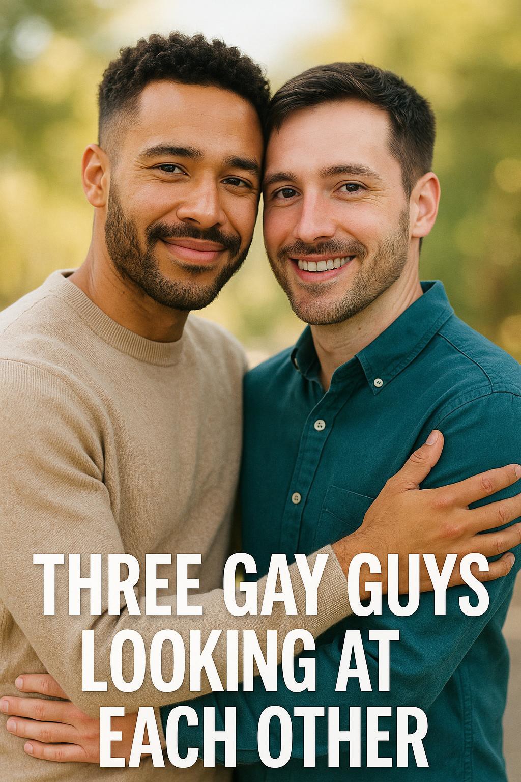 A lovely picture of two gay men  holding each other, looking at the viewer. In the bottom in a white letters "Three gay guys looking at each other"