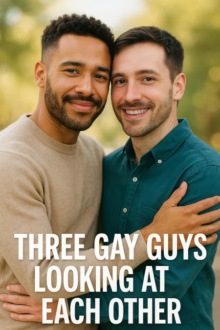 A lovely picture of two gay men  holding each other, looking at the viewer. In the bottom in a white letters "Three gay guys looking at each other"