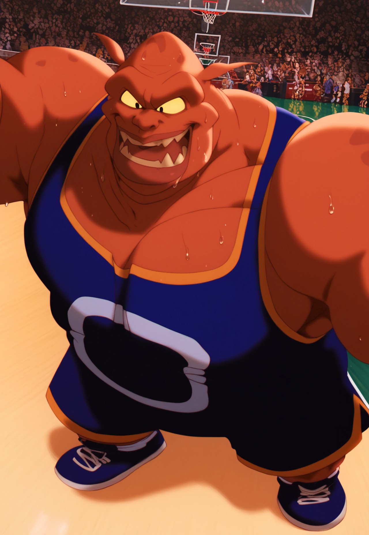 very detailed, highly detailed texture, (highly detailed face, (perfect face, perfect eyes)), depth of field, perfect soft lighting, best shadows, perfect reflections, volumetric, detailed image, high resolution, anime, male focus, gay, score_9, score_8_up, score_7_up, score_6_up, score_5_up, score_4_up, shiny, thick arms, sweat, sweaty body, Pound, 1boy, muscular, fat, shorts, sportswear, tank top, blue shoes, bara, colored skin, fangs, bald, floppy pointed ears, pectorals, basketball uniform, colored sclera, black eyes, sleeveless,