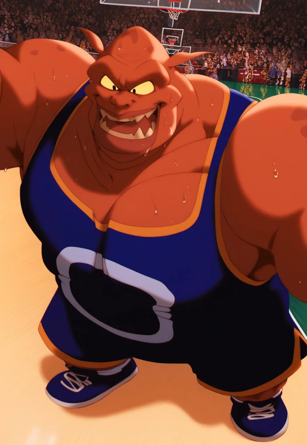 very detailed, highly detailed texture, (highly detailed face, (perfect face, perfect eyes)), depth of field, perfect soft lighting, best shadows, perfect reflections, volumetric, detailed image, high resolution, anime, male focus, gay, score_9, score_8_up, score_7_up, score_6_up, score_5_up, score_4_up, shiny, thick arms, sweat, sweaty body, Pound, 1boy, muscular, fat, shorts, sportswear, tank top, blue shoes, bara, colored skin, fangs, bald, floppy pointed ears, pectorals, basketball uniform, colored sclera, black eyes, sleeveless,