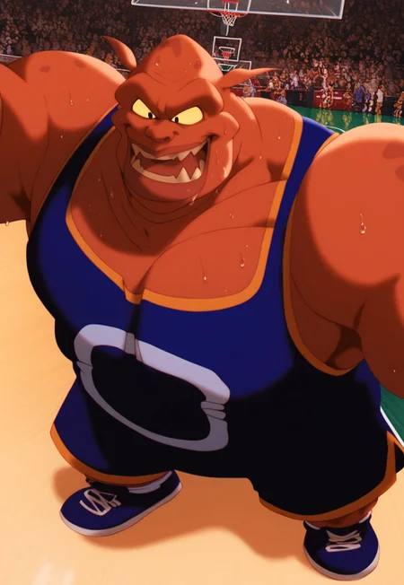 very detailed, highly detailed texture, (highly detailed face, (perfect face, perfect eyes)), depth of field, perfect soft lighting, best shadows, perfect reflections, volumetric, detailed image, high resolution, anime, male focus, gay, score_9, score_8_up, score_7_up, score_6_up, score_5_up, score_4_up, shiny, thick arms, sweat, sweaty body, Pound, 1boy, muscular, fat, shorts, sportswear, tank top, blue shoes, bara, colored skin, fangs, bald, floppy pointed ears, pectorals, basketball uniform, colored sclera, black eyes, sleeveless,