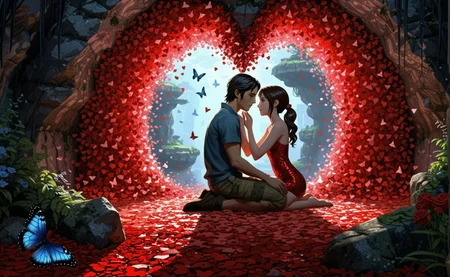 (location:(cave:0.56)),, , (Valentines Day:1.25), (romantic scene:1.3), showing (love:1.2) and (affection:1.15), heart-shaped token(epic:1.2), trending on artstation, (high quality:1.2), (masterpiece:1.2), high details, incredibly absurdres, colorful), ,(Standard Anime style:0.42),(Modern Art:1.19) (Impressionism:0.74) (Geoglyph Art:0.74),(cartoon:0.74) (mosaic:0.98) (butterflies:1.24),, (ONE Style:1.16) (James cameron's avatar style:1.29) (Takani Yoshiyuki:1.24), (full_body:1.36) (Establishing shot:1.27) (raw photo:1.36)