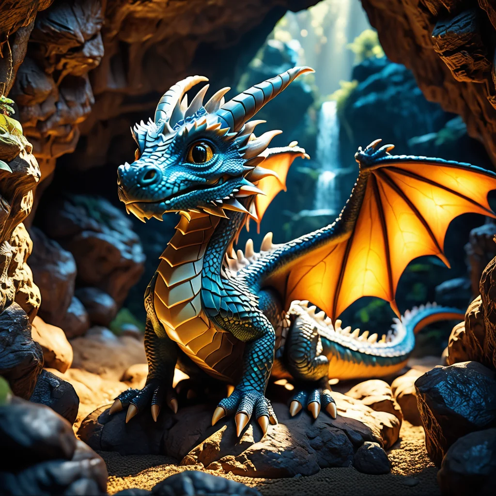 lazypos, cute dragon, inside a cave