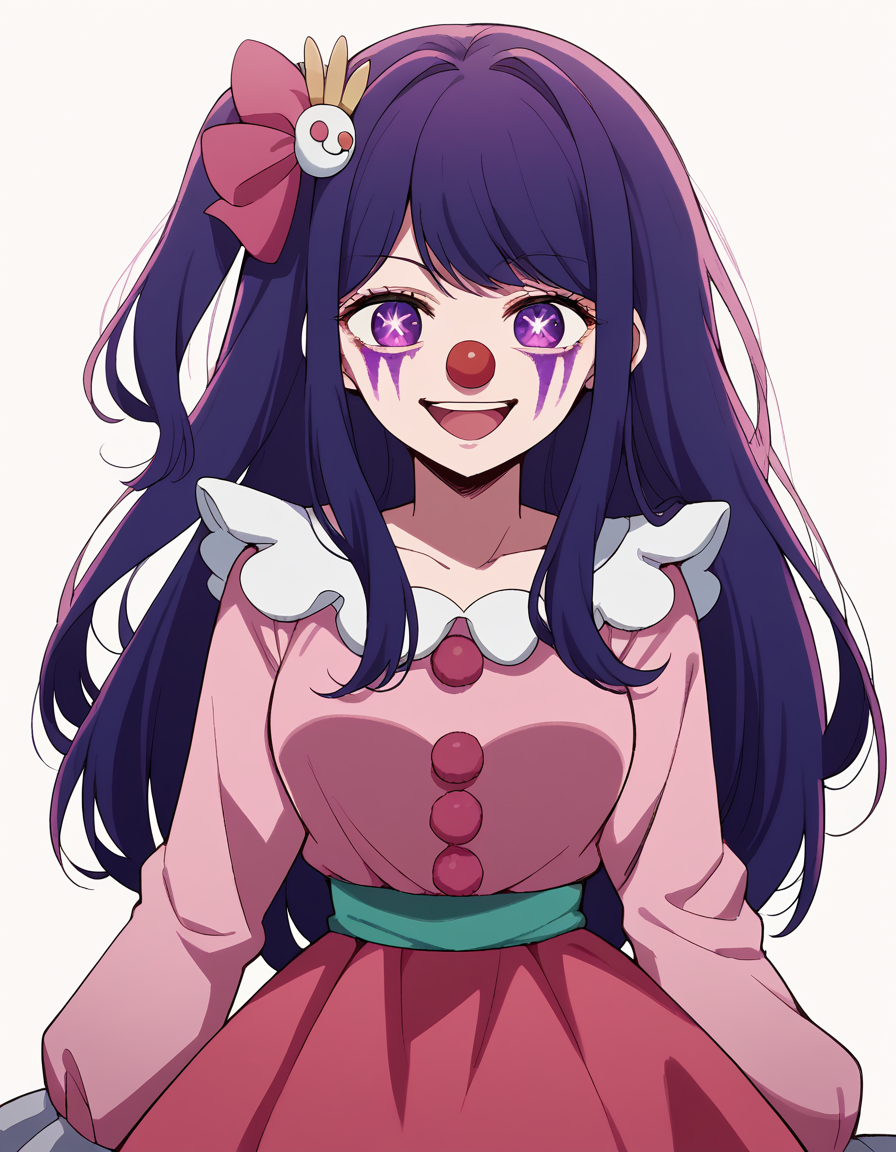 score_9, score_8_up, score_7_up, source_anime, <lora:ai-hoshino-s1-ponyxl-lora-nochekaiser:1>, ai hoshino, long hair, bangs, purple eyes, purple hair, symbol-shaped pupils, one side up, hair ornament, hair ribbon, medium breasts,, <lora:clown-ponyxl-lora-nochekaiser:1>, clown, makeup, clown nose, facepaint, gloves, long sleeves, frills, dress,, smile, open mouth, smug,, cowboy shot