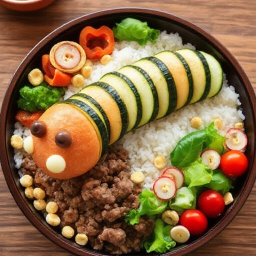 A whimsical bento box inspired by the centipede from Mario World, made entirely of vegetables and placed atop a bed of rice and ground beef. The centipede’s body is created from long, uneven slices of cucumber, zucchini, and carrot, arranged in a segmented pattern to mimic the iconic shape. Each segment is delicately outlined with thin strips of nori for added detail. The head of the centipede is made from a small round piece of radish, with tiny slices of olive for eyes. The rice and ground beef beneath are seasoned lightly, creating a savory base for the vegetable creature. The side salad features fresh greens, cherry tomatoes, and a few slices of radish, while the cereals are scattered around the plate as crunchy, playful accents. The entire dish is served in a traditional bento box, with the centipede design making the meal both fun and visually intriguing.
Ensure the depiction is natural and pays close attention to accurate textures and lighting throughout the scene), intricate hand-painted details, ultra-realistic textures, award-winning craftsmanship || studio rim lighting, vivid yet tense colors, UHD resolution, rich details, award winning, impactant image, dramatic pose