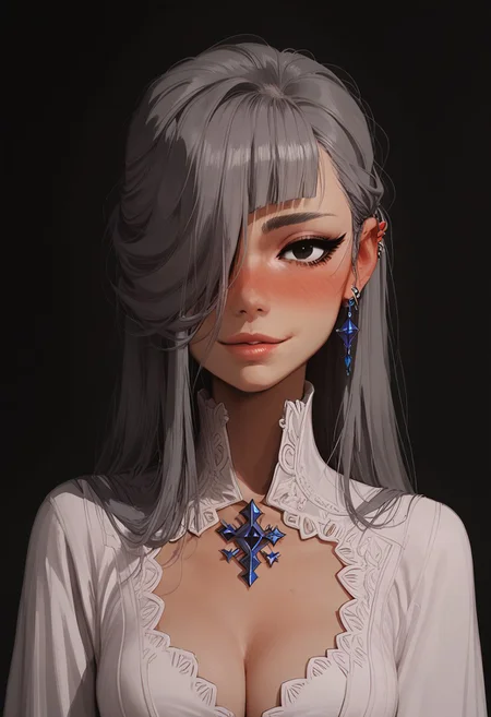 score_9, score_8_up, score_8. score_9, score_8_up, score_7_up, score_6_up, masterpiece, 4k, high quality, (best quality:1.1), ExpressiveH,(close up)
1girl, KJOhorn, black eyes, grey hair, long hair, hair over one eye, medium breasts, blushing, looking at viewer, seductive smile, g0dd3ss, white dress, cleavage
black background